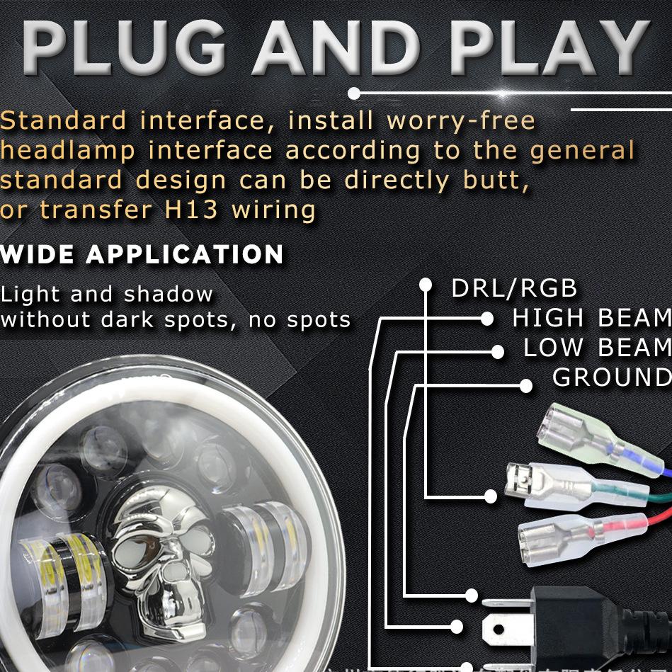 Skull Pattern 7in LED Motorcycle Headlamp 9-36V Hardwired Motor Vehicle Headlight for Modification Accessories
