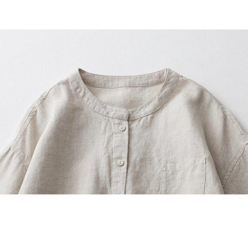 Japanese Cotton and Linen Shirt Women's Solid Color Versatile Casual Round Neck Seven Quarter Sleeved Shirt