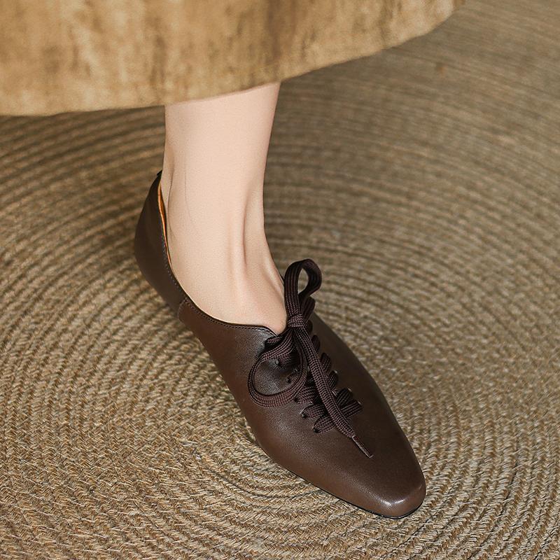 Mode Maat 34-41 Retro Lage Hak Schoenen voor Dames Echt Leer Veters Lage Hakken Schoenen Vintage Lente 2025 Nieuw Kantoor Dame Dagelijkse Jurk