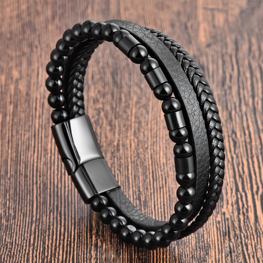 Black Leather Rope Cowhide Men's Double Layer Genuine Leather Woven Bracelet Handmade Multilayer Leather Bracelet 2026