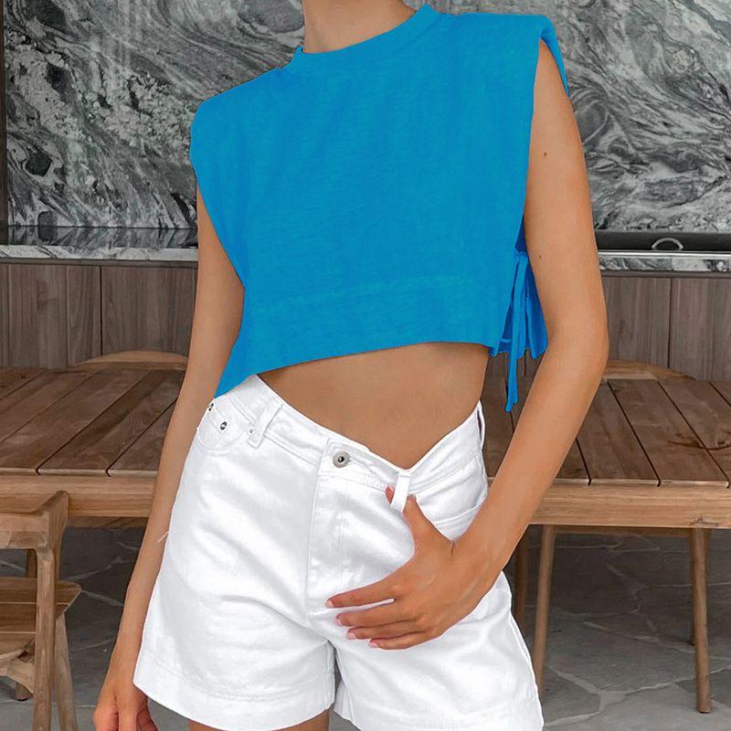 

New Arrival Padded Shoulder Sleeveless Top and Trousers Two-piece Set European and American Leisure Fashion Cotton and Linen Suit Women s Clothing Blue S