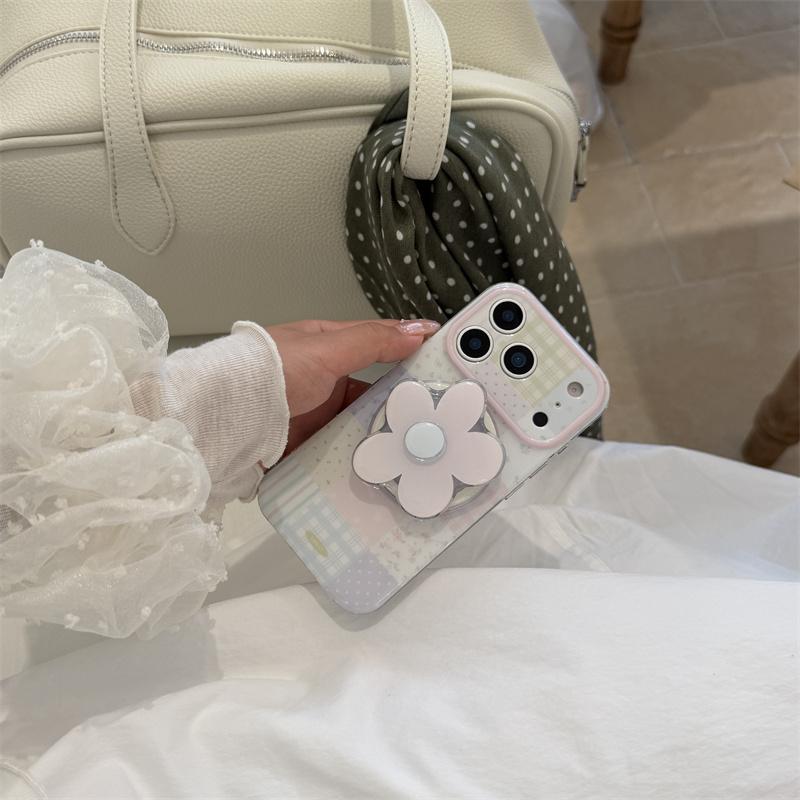 Kawaii Pastel Patchwork Floral Magnetic Phone Case With Flower Pop Socket For iPhone 15 16 17 Pro Max INS Cute Shockproof Cover