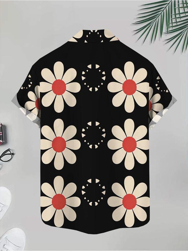 Men'S Casual Shirt, Mixed Colors, Multiple Specifications Available, Polyester Material, Daisy Pattern Short Sleeves, Beach Style, Stylish And