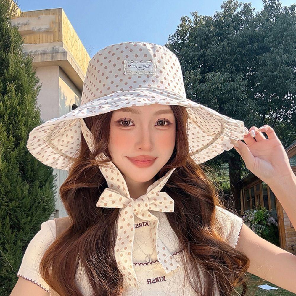 Polka Dot Women Fisherman Hat Ribbon Bucket Hat Casual Sunshade Hat  Summer