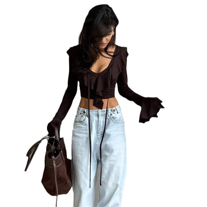 2025 Autumn New Collection, Solid Color, Ruffle Edge, Knitted Shirt, Women's Wear, Short Style, Sexy and Spicy Girl, Fashionable V-neck Top