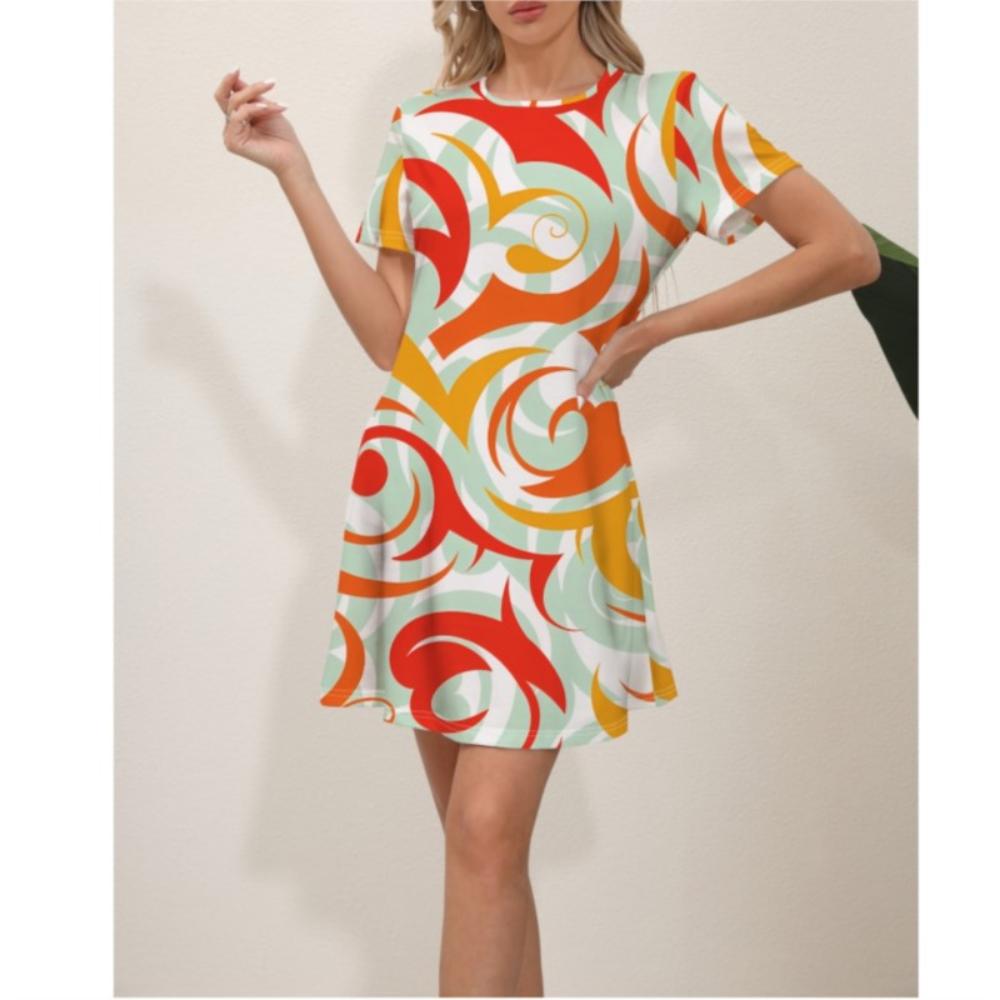 2026 Summer New Style Ladies Elegant Fashion Casual Printed Dress Slim Short-sleeved Round Neck Mini Office Dress Ladies