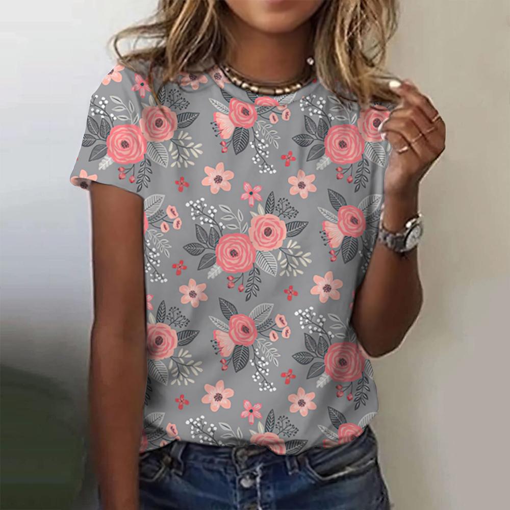 Women's T-shirt 3D digital printed women's round neck top with colorful floral print