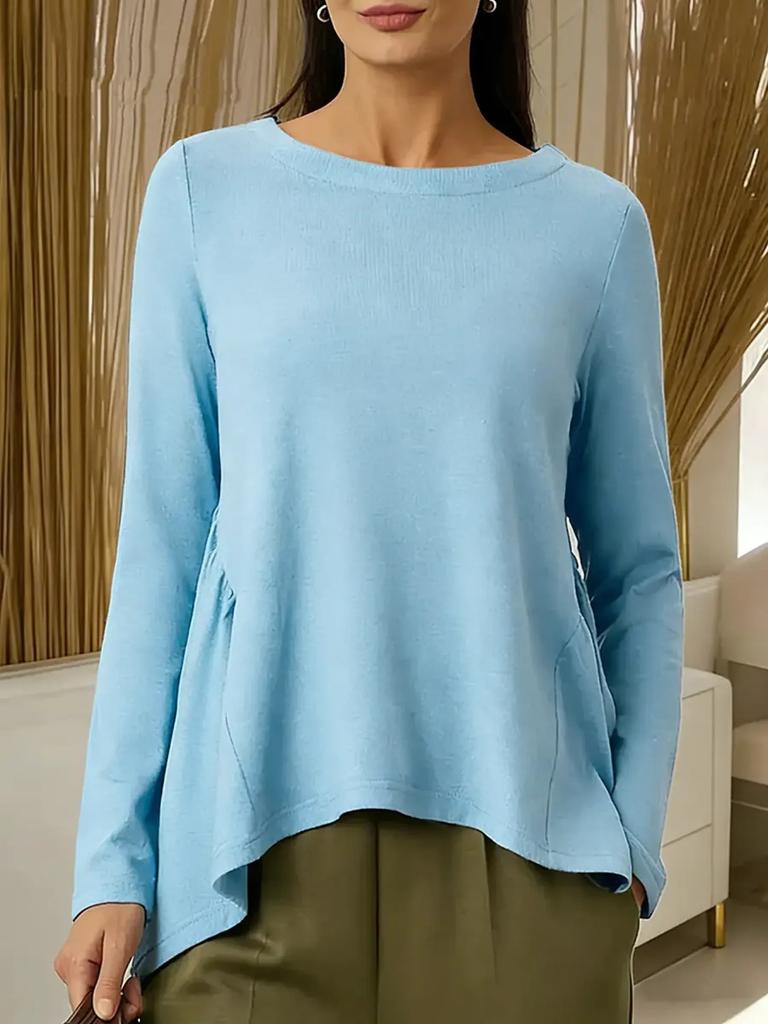 2026 Spring/Autumn New European and American Cross-Border Foreign Trade Amazon WISH Women's Crew Neck Solid Color Long Sleeve Pleated T-Shirt