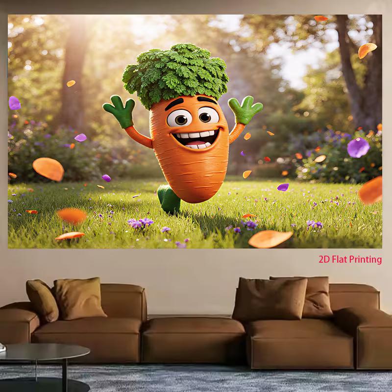 2D Flat Cute Vegetable Backdrop Cheerful Carrot In the Sunlit Garden Background Cloth