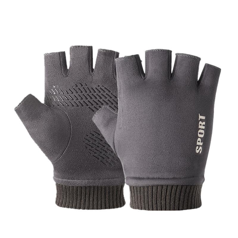 Warm Gloves Suede Plus Velvet Outdoor Riding Driving Anti Slip Two Finger Half Finger Touch Screen Autumn and Winter Gloves