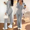 Women's Grey Hooded Zip Front Jumpsuit with Flare Leg