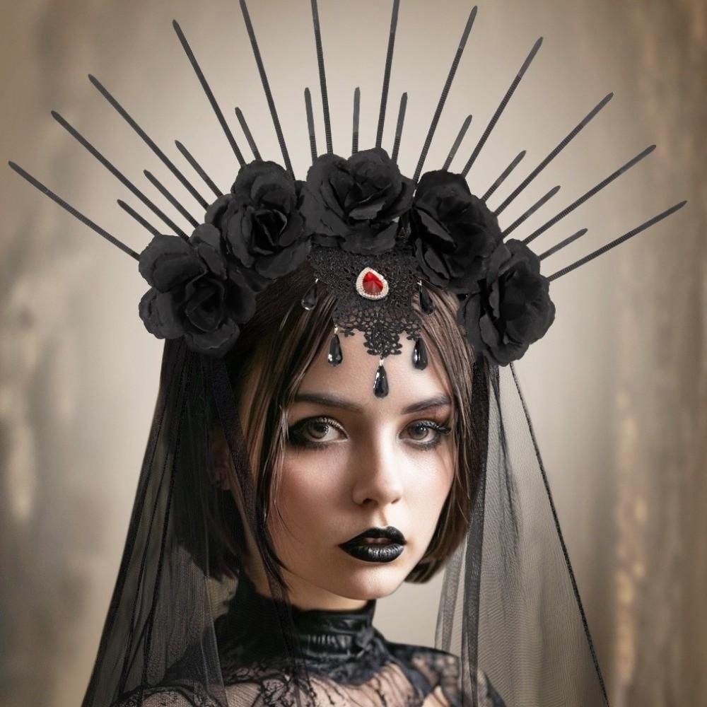 Gothic Halloween Headband Rhinestone Bride Hairband Headdress Veil Headband  Cosplay Cosutmes