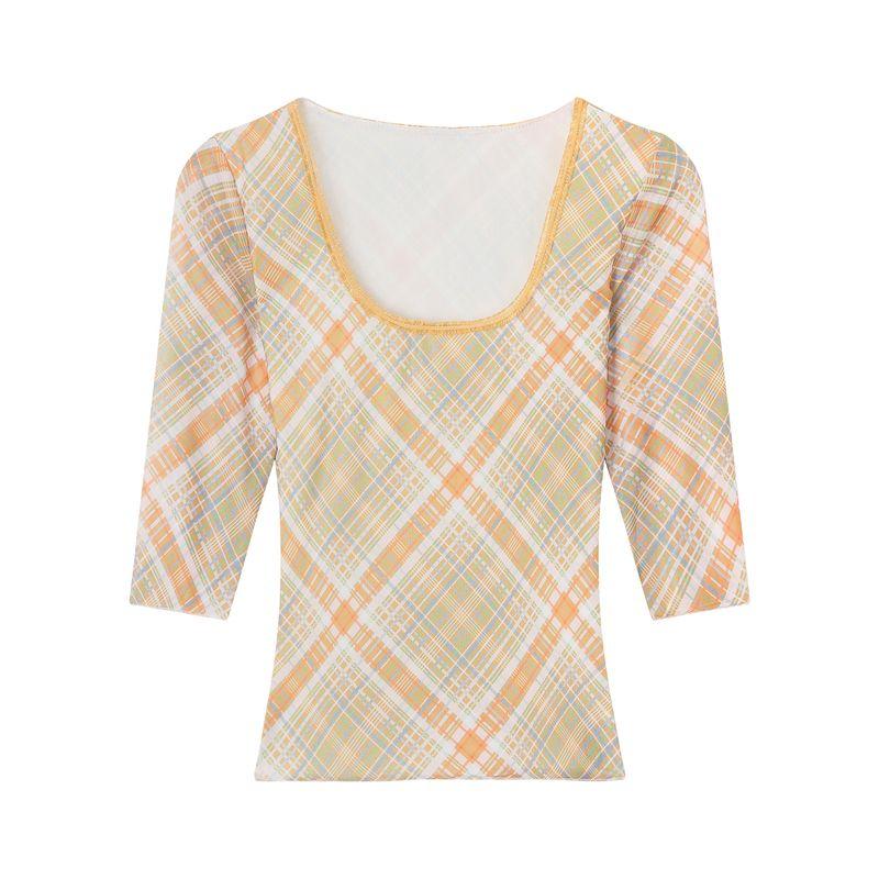 Sexy Contrast Color Check U-Neck Long-Sleeved T-shirt Women's Autumn Not To Tight Waist Silm Bottoming Shirt Short Inner Wear Small Top