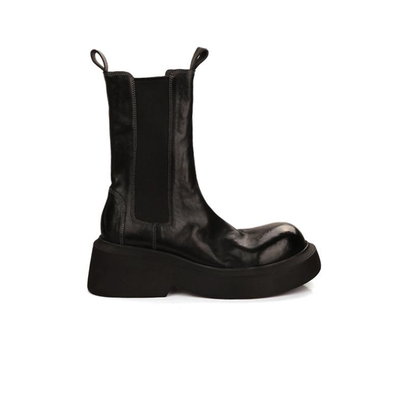Cowhide version~ New platform-soled Chelsea short boots women's round head elastic band thick heel medium tube Martin boots
