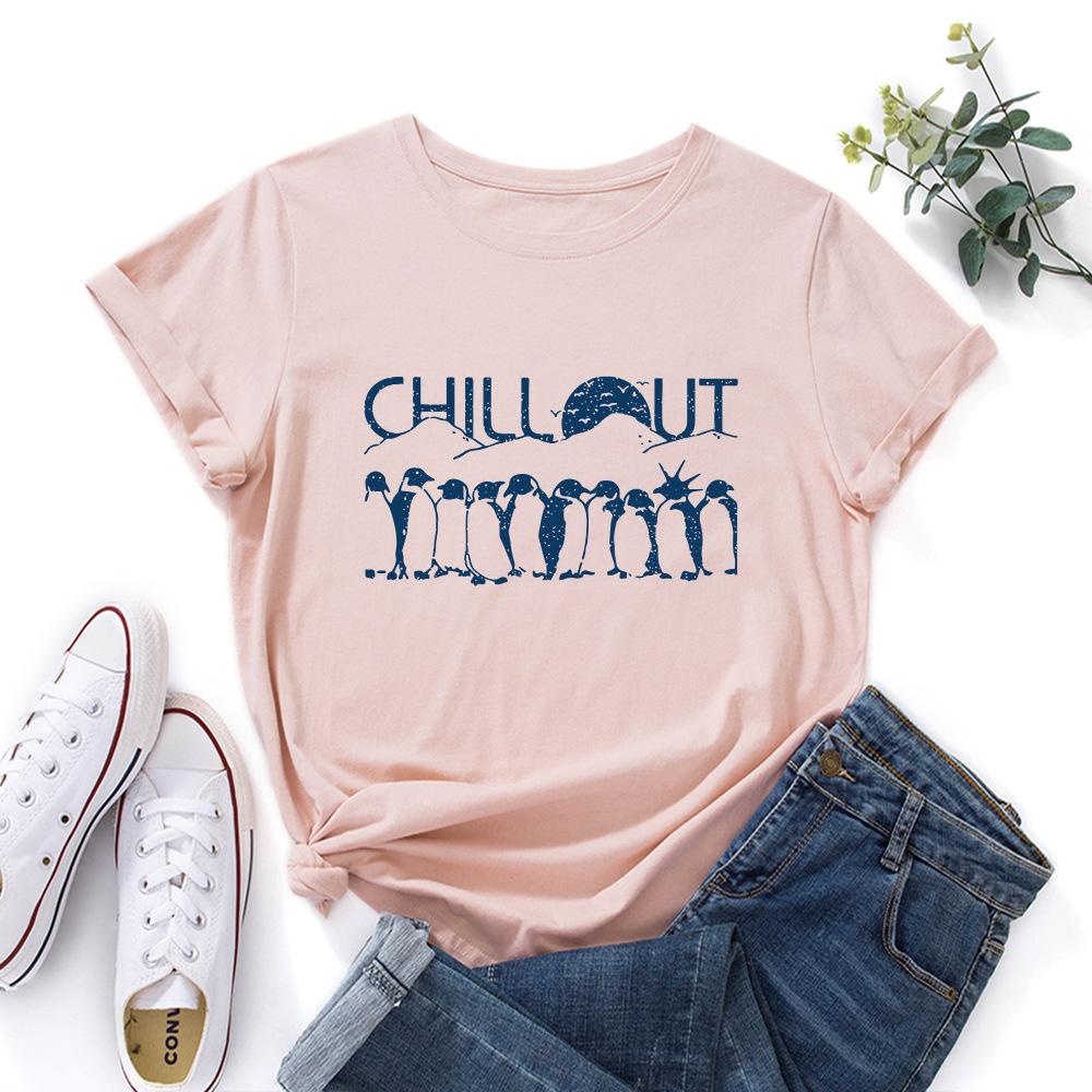 Penguin Cotton T-Shirt Short Sleeve Round Neck Women 2d Print Tops