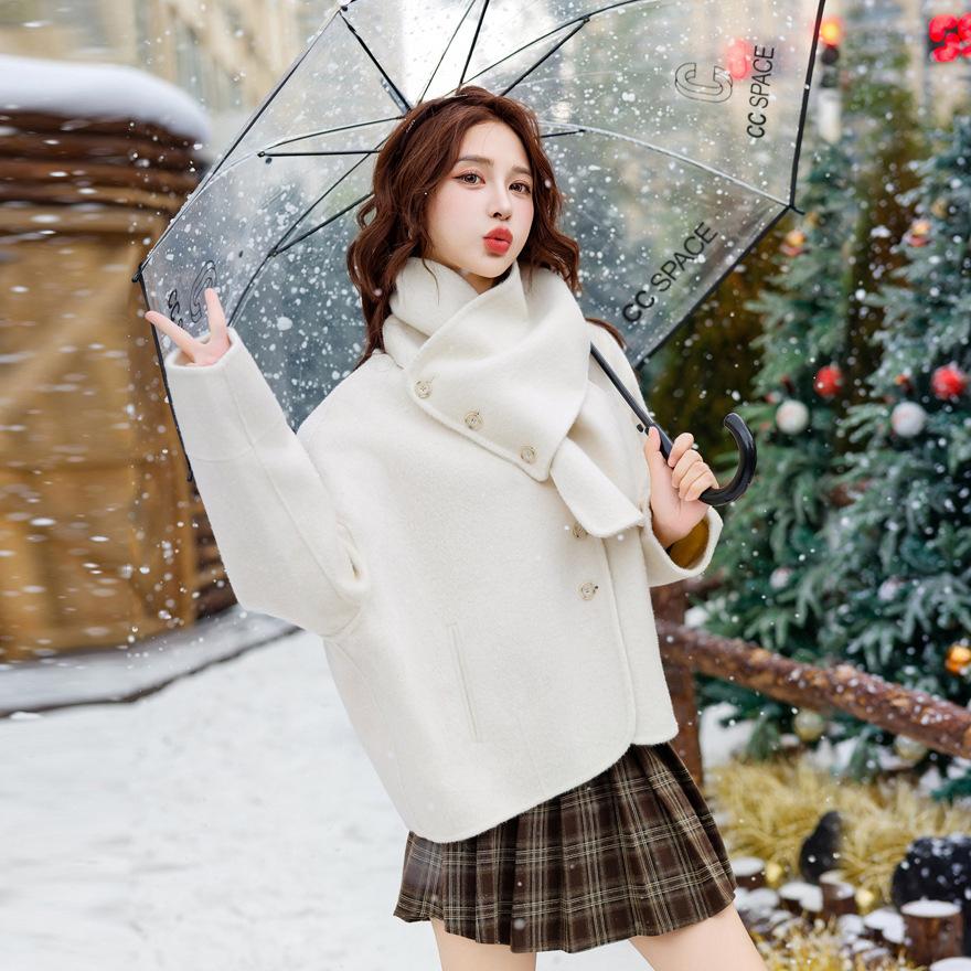 Pink double-sided wool coat women's short autumn and winter temperament sweet design scarf wool coat