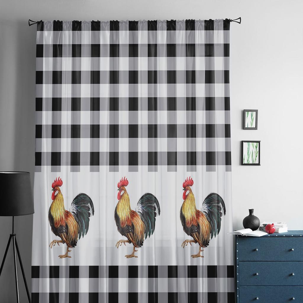 Farm Rooster Black And White Plaid Sheer Curtains For Living Room Bedroom Home Decor Kitchen Tulle For Windows Voile Drapes