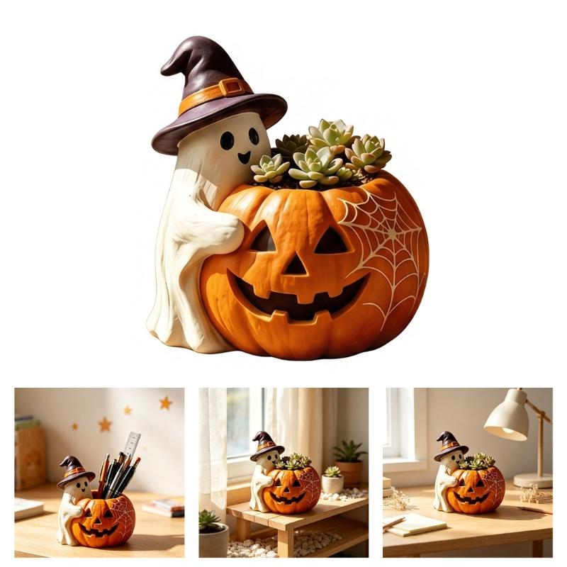 Resin Pumpkin Shape Planter Decorative Pen Cup Container for Halloween Party Decoration Tabletop, Shelf Display