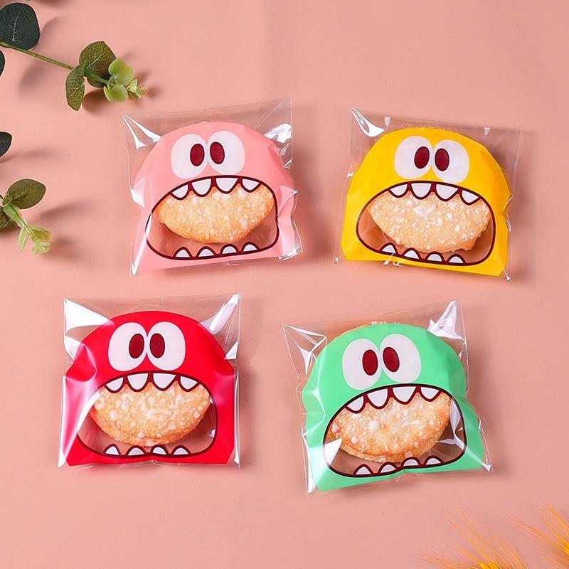 100Pcs Cute Cartoon Monster Cookie Candy Self-Adhesive Plastic Cookie Bags Supplies Christmas Packaging