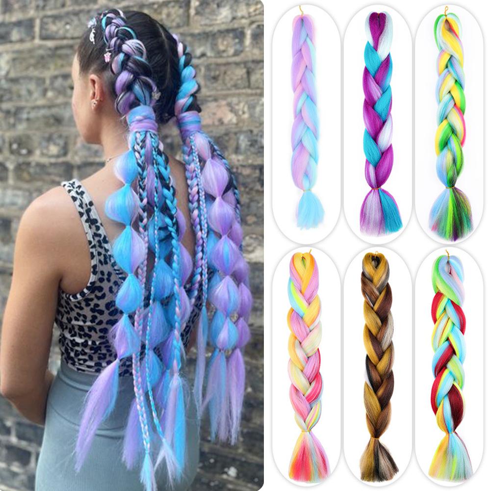 Rainbow Braiding Hair Extension 24 Inch 1 Pack Synthetic Profession Jumbo Braid in Hair Extensions 4 Tone Crochet Colored Hair Extensions for Braiding