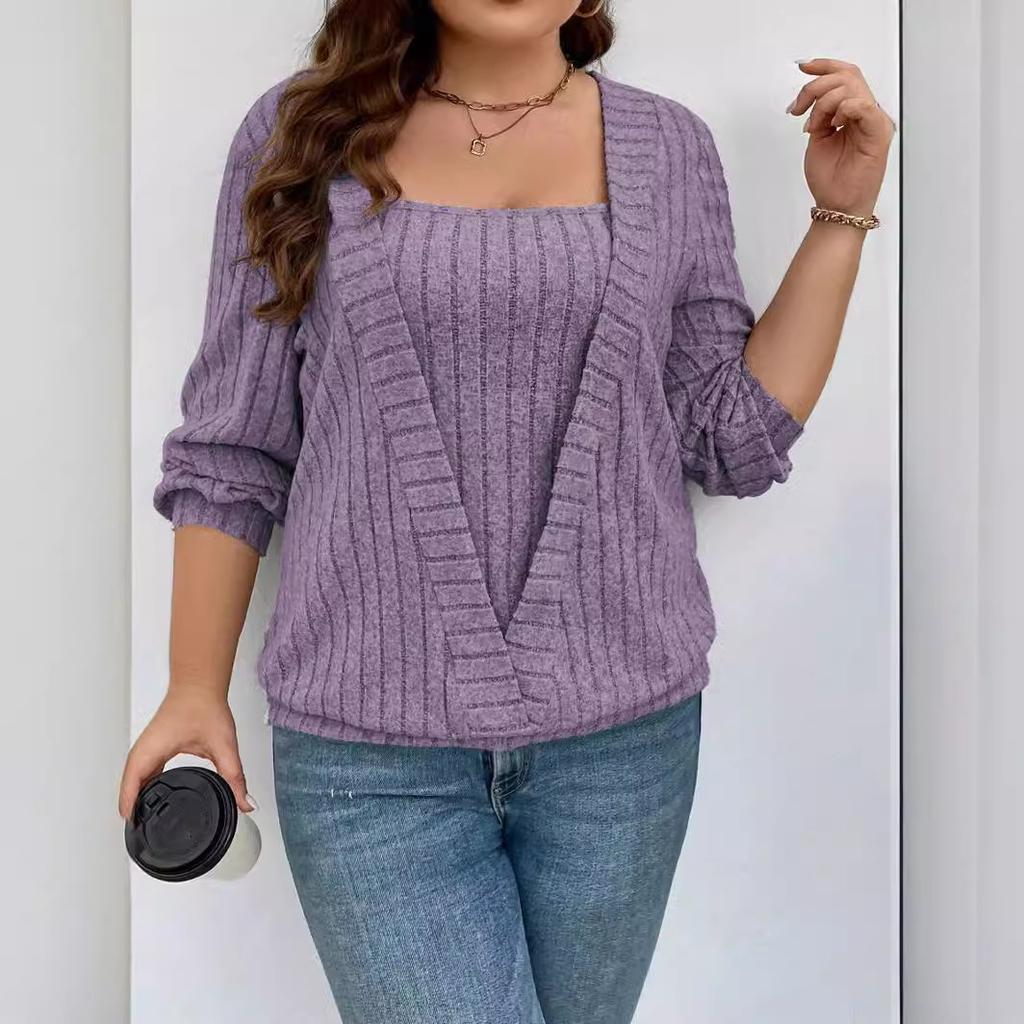 2025 Autumn and Winter, Europe, America,  TEMU Independent Station Cross-border New Solid-color Pit Strip V-neck Long-sleeved Fake Two-piece Set