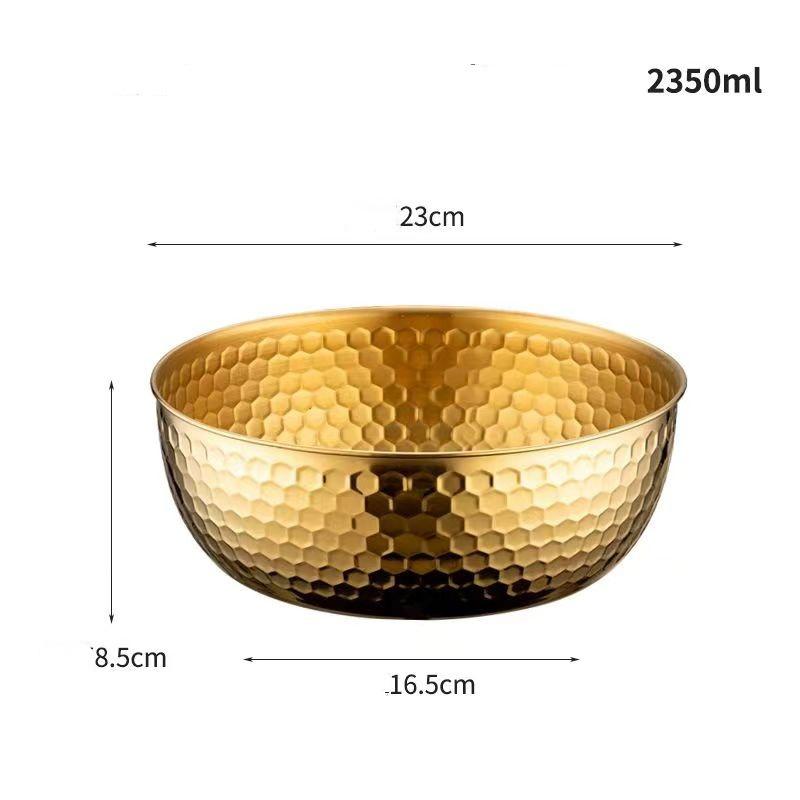 Stainless Steel Salad round Bowl Hammered Texture Gold Japanese BIG Large Capacity Fruit Mixing Plate Decorative Dinnerware Set