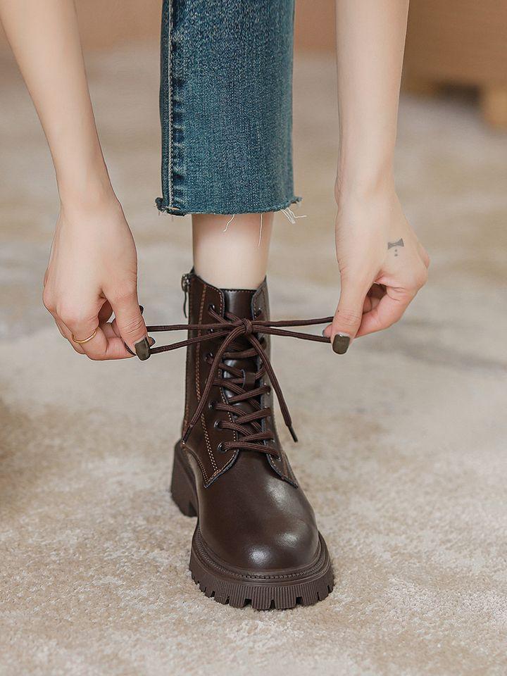 Martin boots women's British style 2025 new autumn and winter velvet popular locomotive single boots brown coffee thick-soled foreign gas short boots