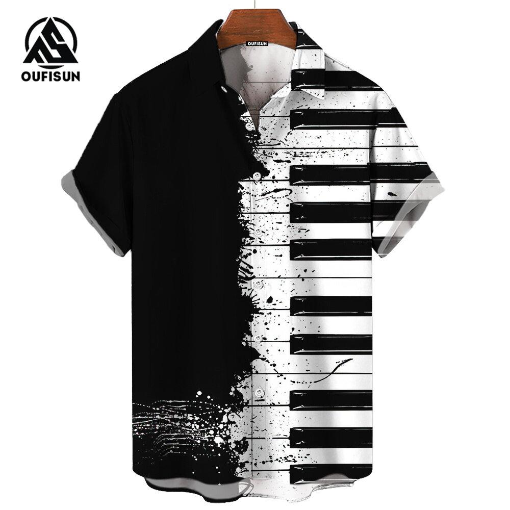 Men's Short Sleeve Shirts Piano Guitar Pattern Notes Printed Tops Summer Street Trend Men's Shirts Oversized Tops