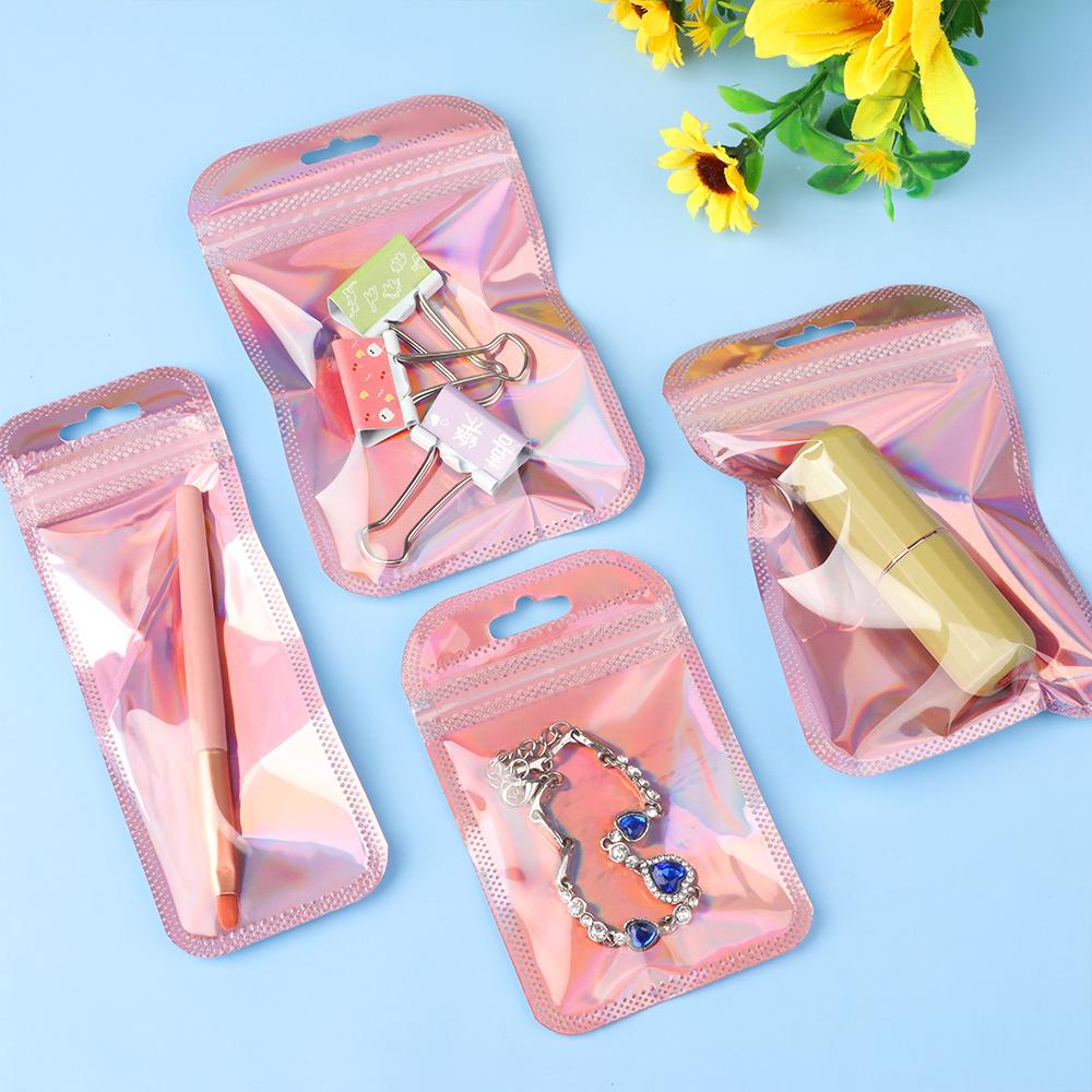 50pcs Iridescent Laser Self Sealing OPP Bags Holographic Bags Zip Lock Bags Resealable Jewelry Retail Packaging Bags 3 Sizes
