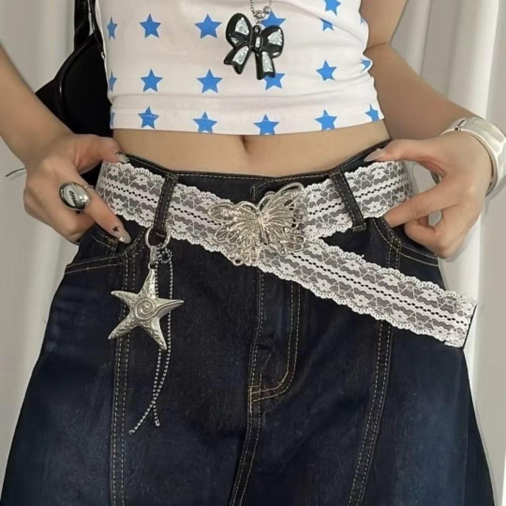 Elegant Y2k Lace Butterfly Belt Bohemian Leather Floral Waist Belt Ultra Thin Lace Waistband Women Dress