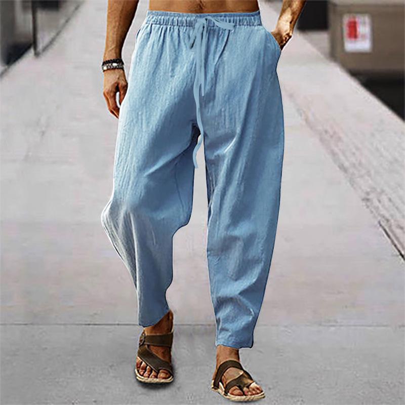2026 Summer Men s Hip Hop Breathable Cotton Linen Loose Casual Pants S светло-синий