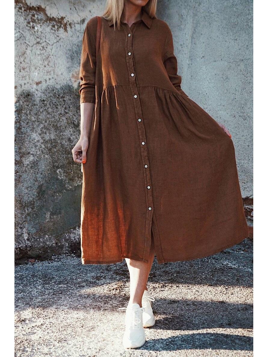 

2023 Хлопково-льняное однотонное платье с длинным рукавом и воротником-рубашкой L коричневый