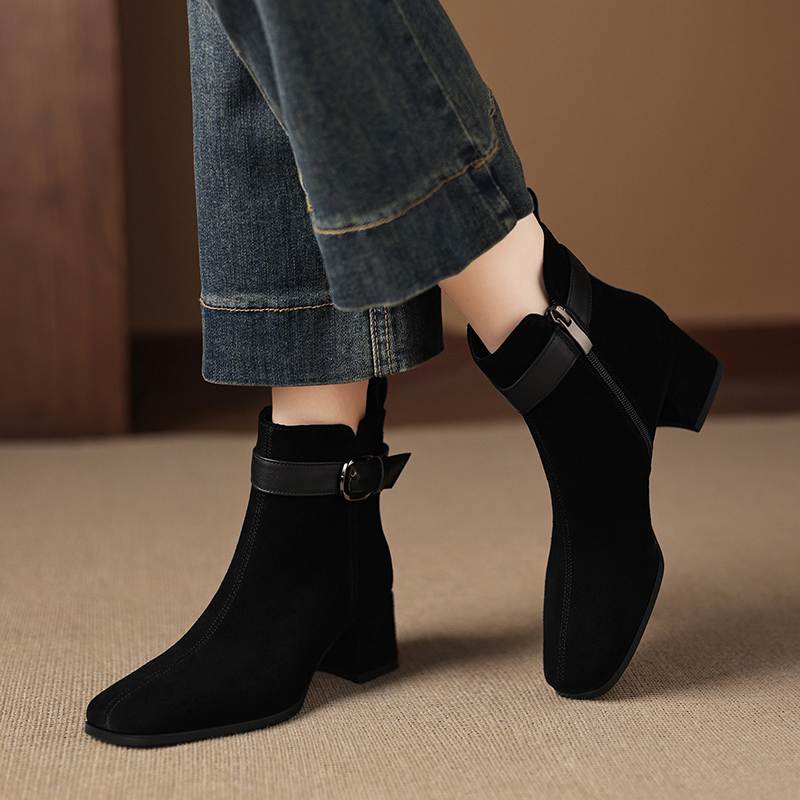 Krazing Pot Cow Suede Nubuck Square Toe Thick Heels Chelsea Boots Size 42 Zip Beauty Lady Women Ankle Boots