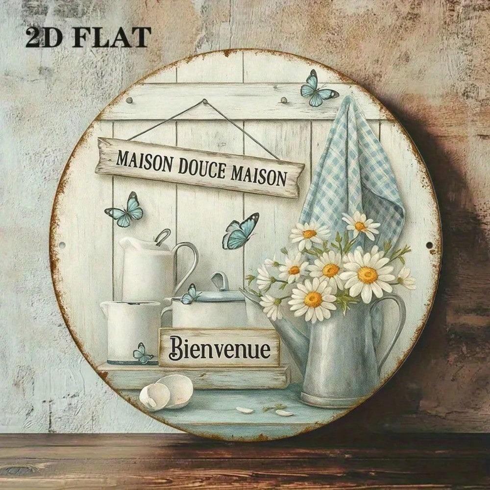 Vintage French Aluminum Welcome Home Round Sign 8x8 Inch Indoor Outdoor Decor