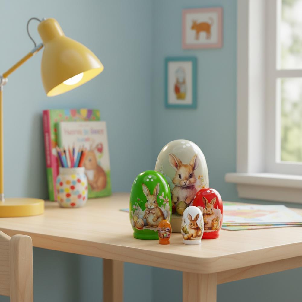 Wooden Nesting Dolls, 5-Piece Hand-Painted Russian Style Spring Rabbit Figurine for Dining Table Holiday Home N5J7
