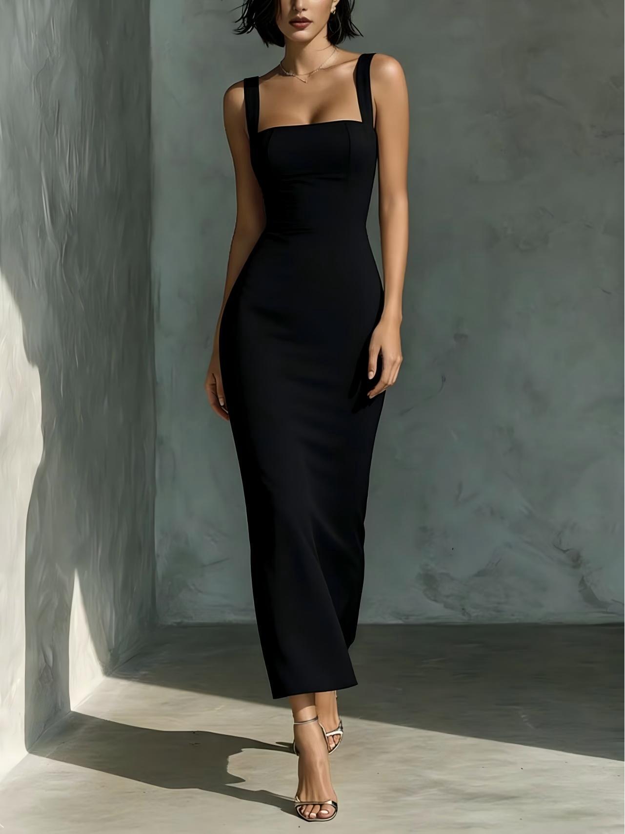 

Elegant Square Neck Spaghetti Strap Dress - Waist-Cinched, Sexy New Style for Women X-Small