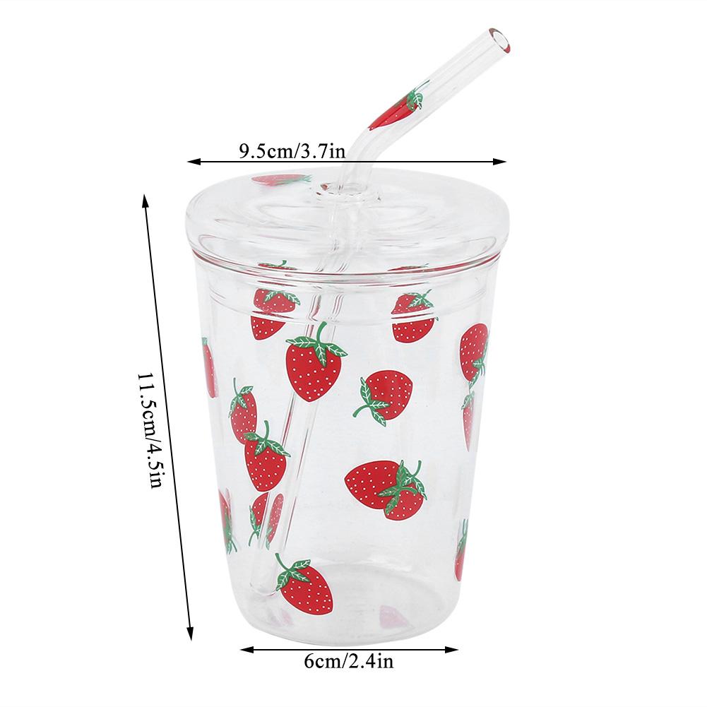 Heat resisting Clear Strawberry Pattern Coffee Juice Drinking Water Glass Cup with Straw Lid