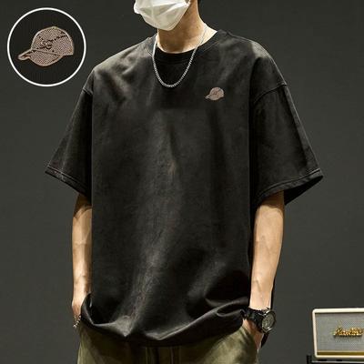 Amerikan moda süet kısa kollu tişört erkek gevşek büyük boy ilkbahar ve yaz yarım kollu tişört yuvarlak boyunlu üst