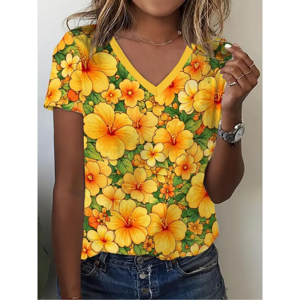 Summer Fashion Vintage Stripes 3D Personality Printed T-shirt Women's Loose Comfortable Soft Breathable V-neck Short Sleeved T-shirt