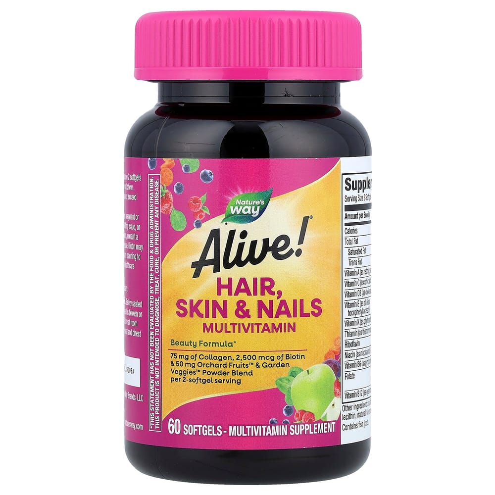Nature's Way Alive! Hair, Skin & Nails Multivitamin, Strawberry Flavor Softgels, 60 Count