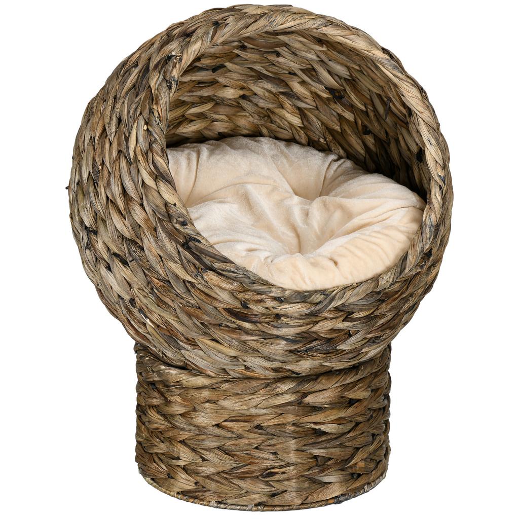 Woven Banana Leaf Elevated Cat Bed Wicker Kitten Basket Pet Den. House Cosy Cave with Soft Cushion Dome 40x37x51cm Grey
