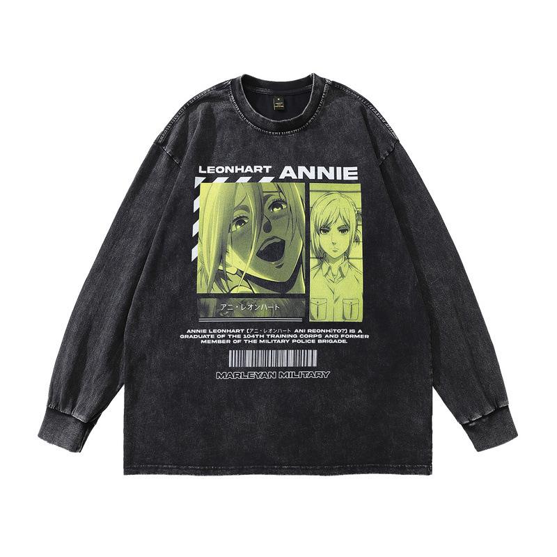 Heavy Weight Cotton Long-Sleeved T-Shirt For Men And Women, Dark Cartoon Print Fried Color, Retro Bottoming Pullover Sweater