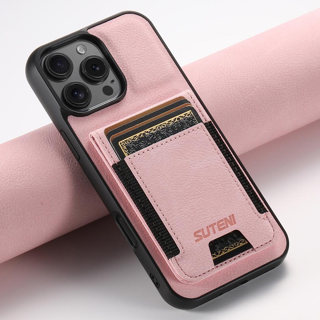 SUTENI H03 For iPhone 16 Pro Case Card Holder Kickstand Litchi Texture Leather+TPU Phone Cover