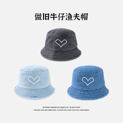 Denim Eimerhut Liebe Stickerei Sonnenschutz Sonnenhut Basin Hat Lässig Vielseitig Street Eimerhut