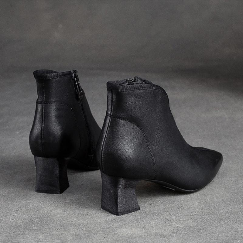 Johnature High Heel Spitzschuh Damen Stiefel Vintage Echtes Leder Vielseitiges Temperament Damenschuhe