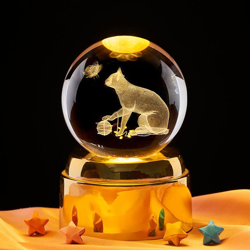 Cross Cat Series 3D Laser-Engraved Crystal Ball Night Light 6CM Crystal Ball (No Base)