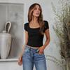 Y2K Sommer Kurzarm Slim Fit Crop T-Shirts Damenmode Neu Eckiger Ausschnitt Elegant Lässig T-Shirts Tops Einfaches Büro Damen Basic T-Shirt 26505