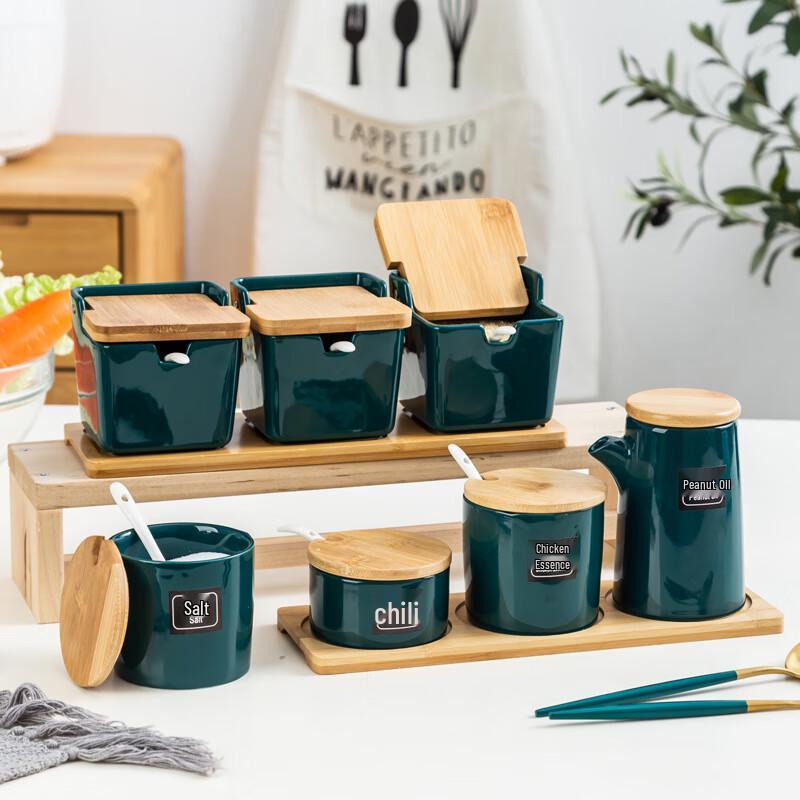 AIQI YIXUAN LIU Nordic Minimalist Dark Green Ceramic Seasoning Set