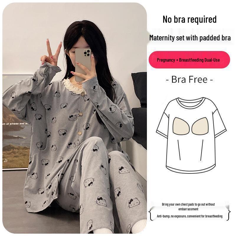 Ensemble Pyjama de Maternité et d'Allaitement avec Coussinets d'Allaitement pour le Printemps et l'Automne – Grande Taille