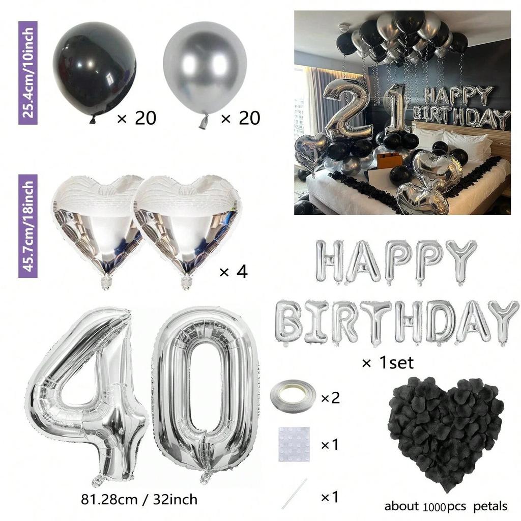 Black Silver Party Birthday Banner Heart-Shaped Aluminum Foil Balloon Rose Petals, Birthday, Anniversary, Atmosphere Decoration